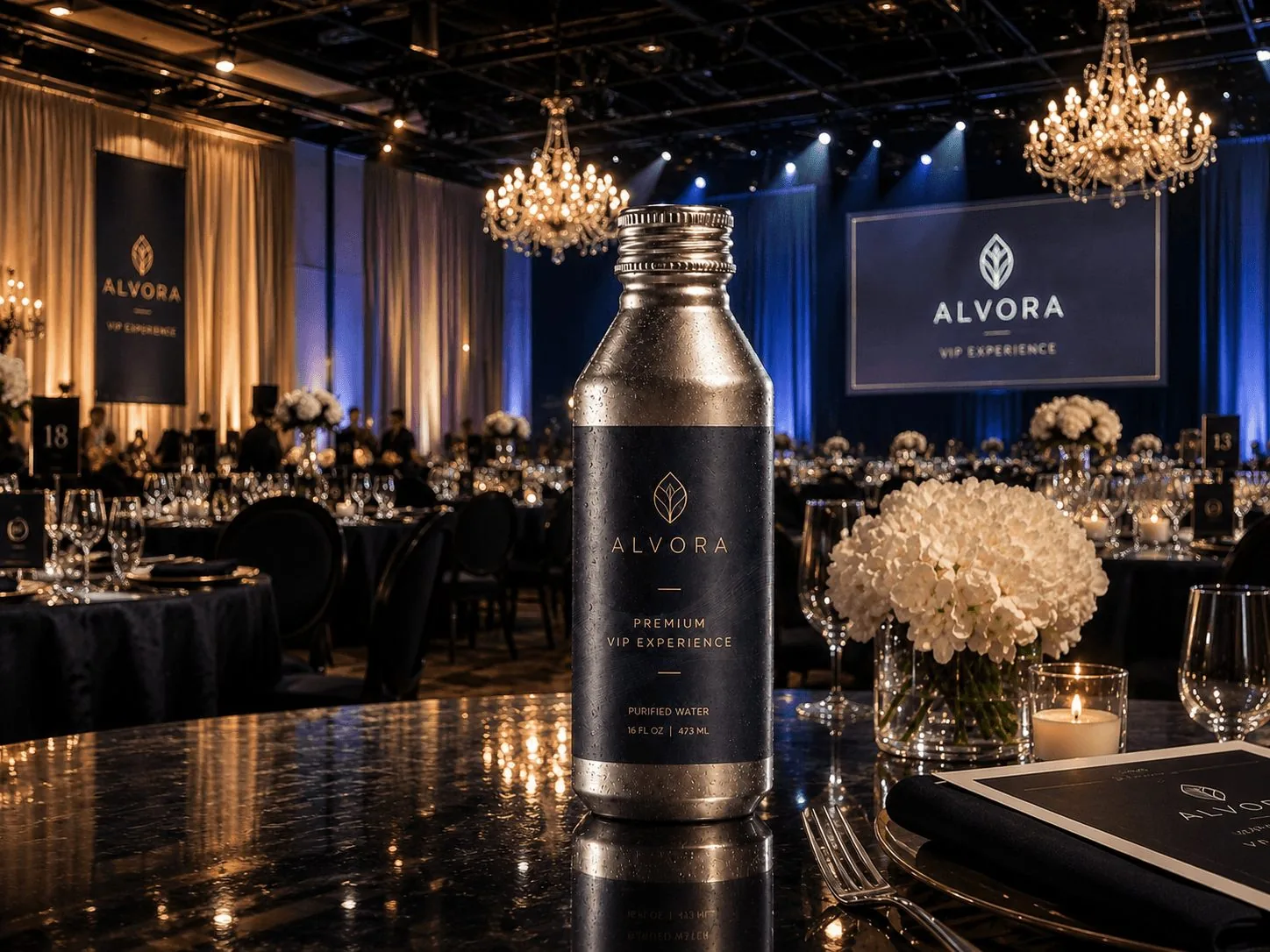 ALVORA aluminum VIP bottle on an awards-gala table
