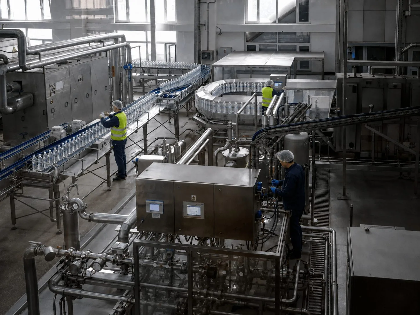 Bottling-line technicians inspecting bottles at the filling line