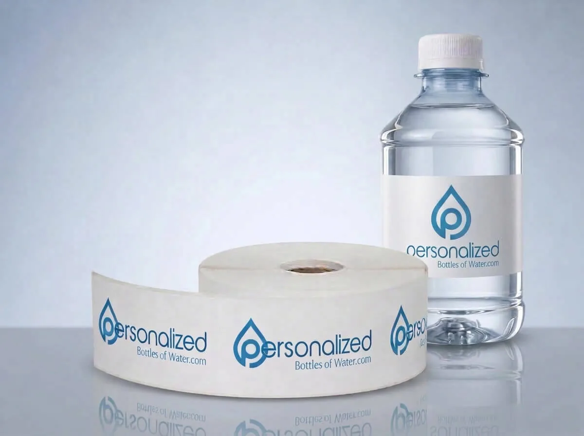 Roll of printed Personalized Bottles of Water labels next to a finished bottle