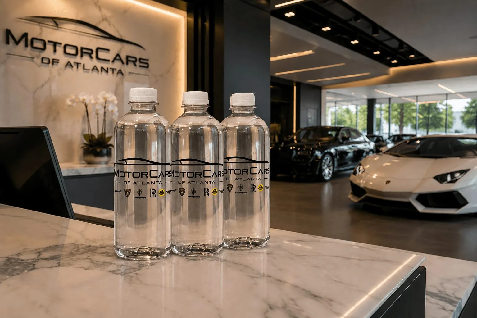 Custom-labeled 16.9 oz bottles on the counter at Motorcars of Atlanta