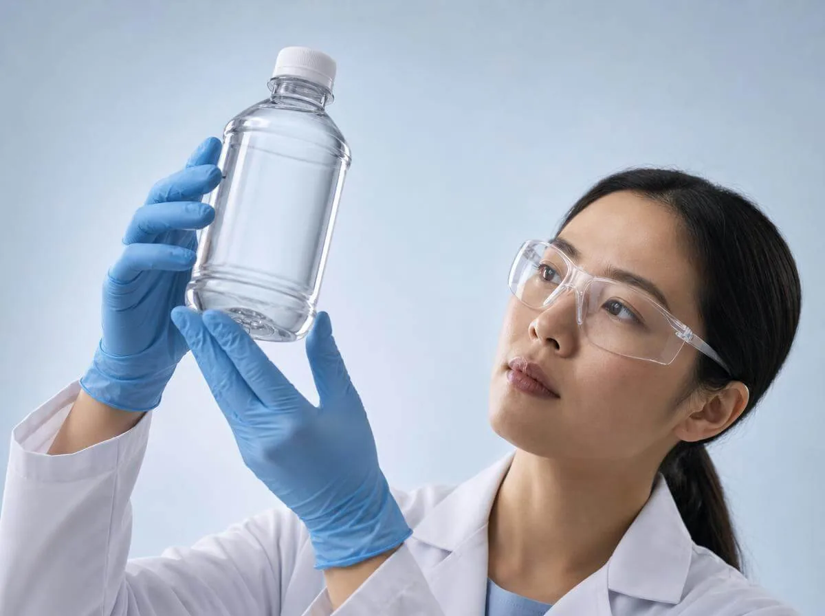 Quality technician inspecting a finished bottle