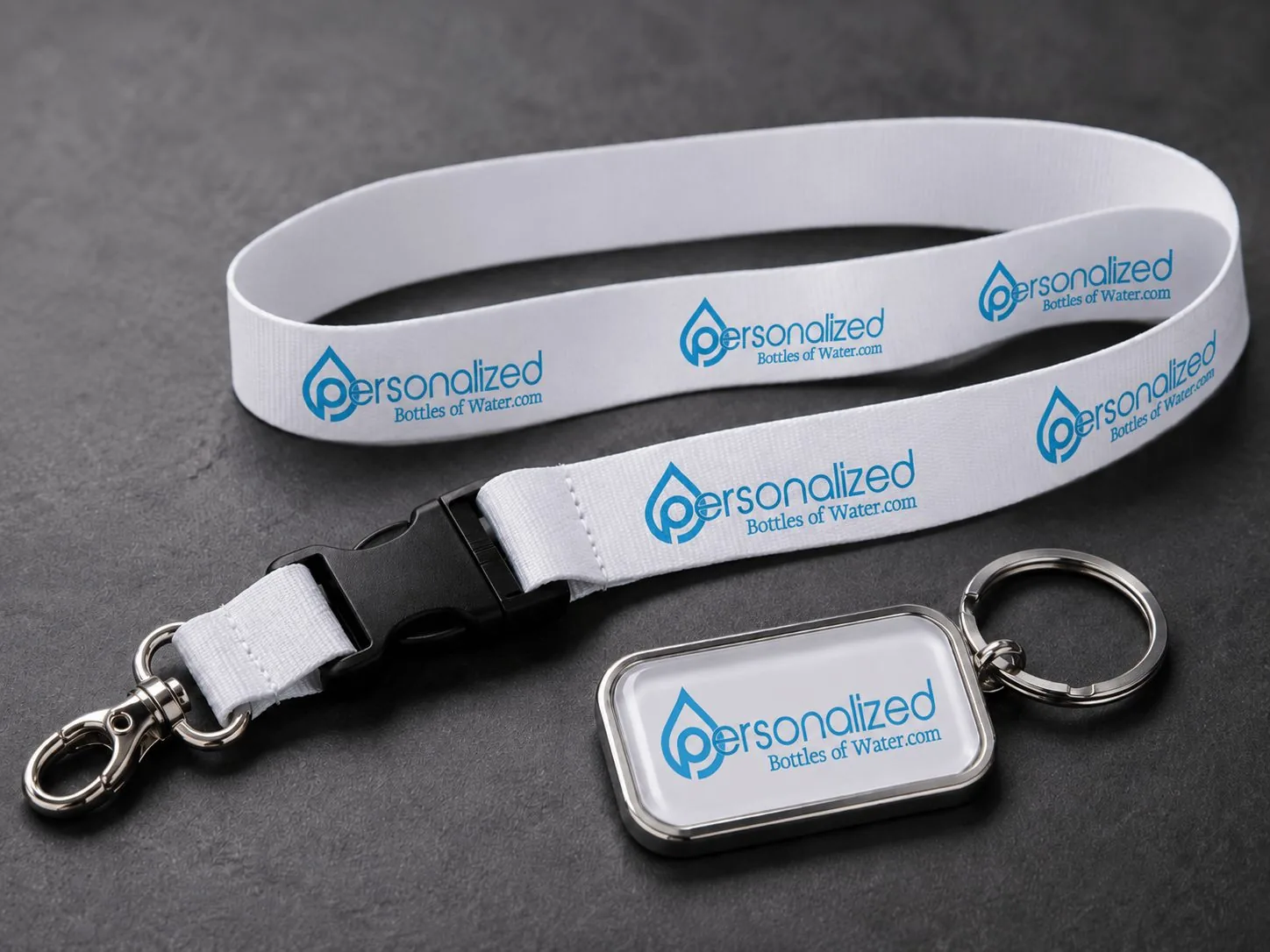 Personalized Bottles of Water lanyard and metal keychain